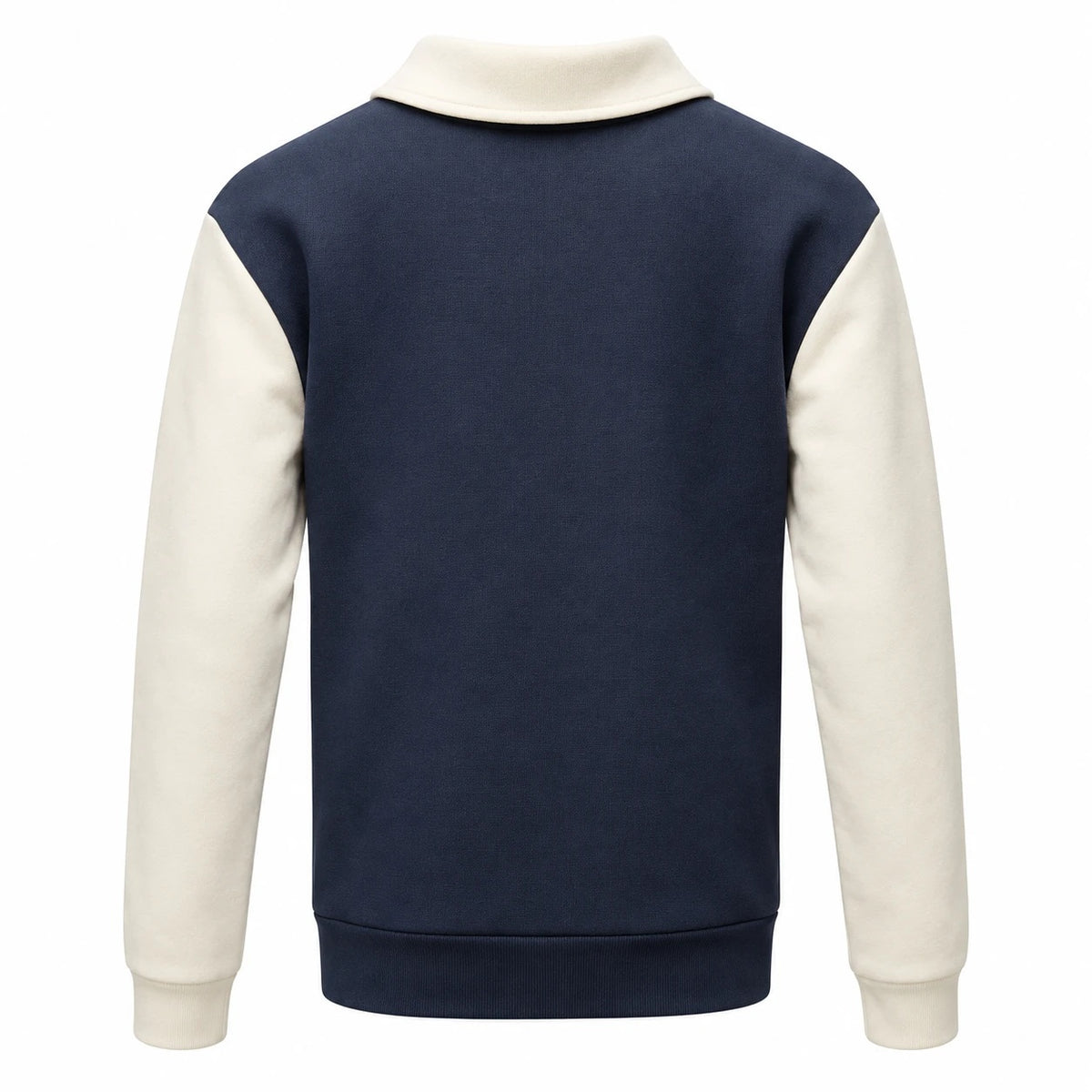 Emporio Armani navy and off-white zip-neck sweatshirt, back view.