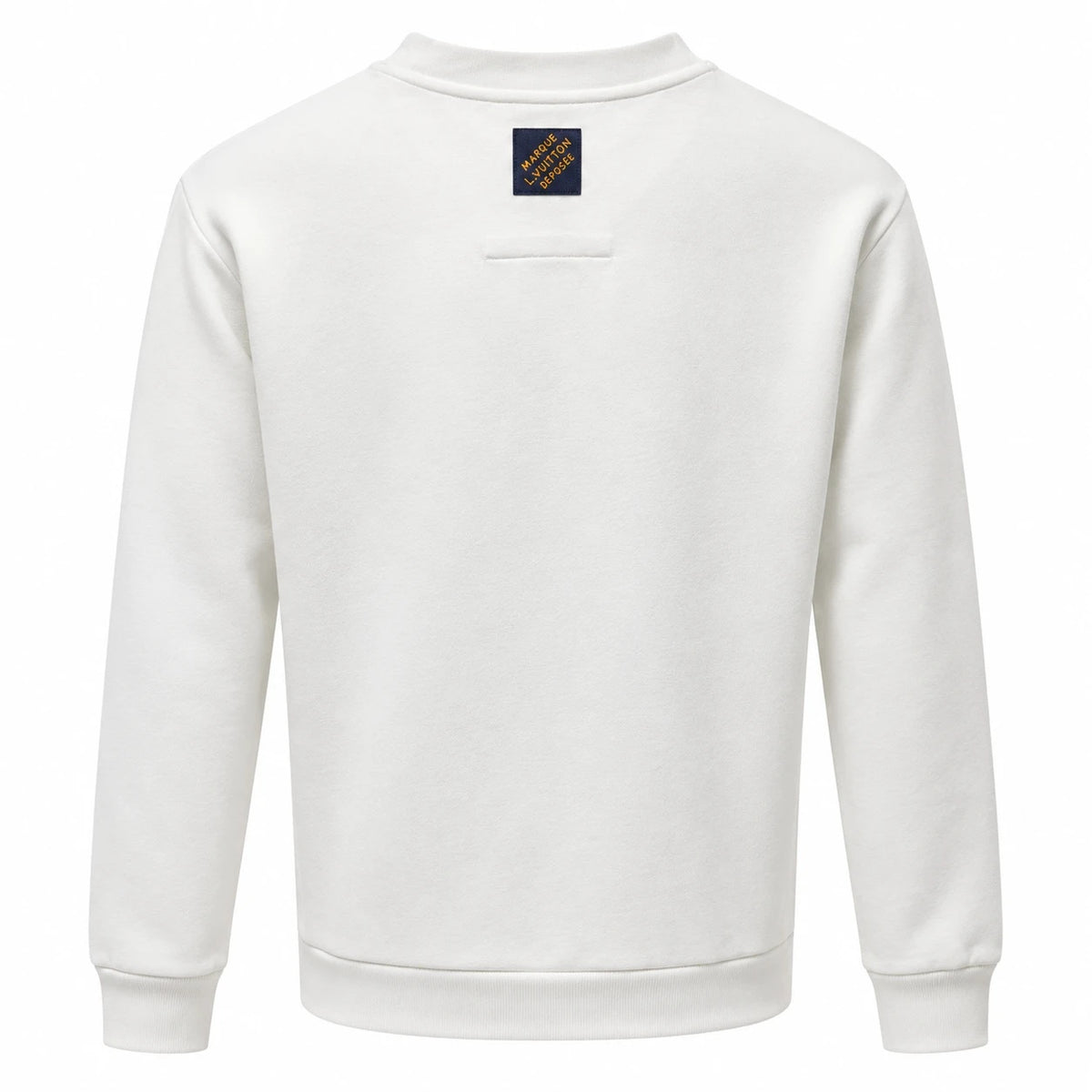 Off-white Louis Vuitton sweatshirt, back view with navy embroidered patch below the neckline.