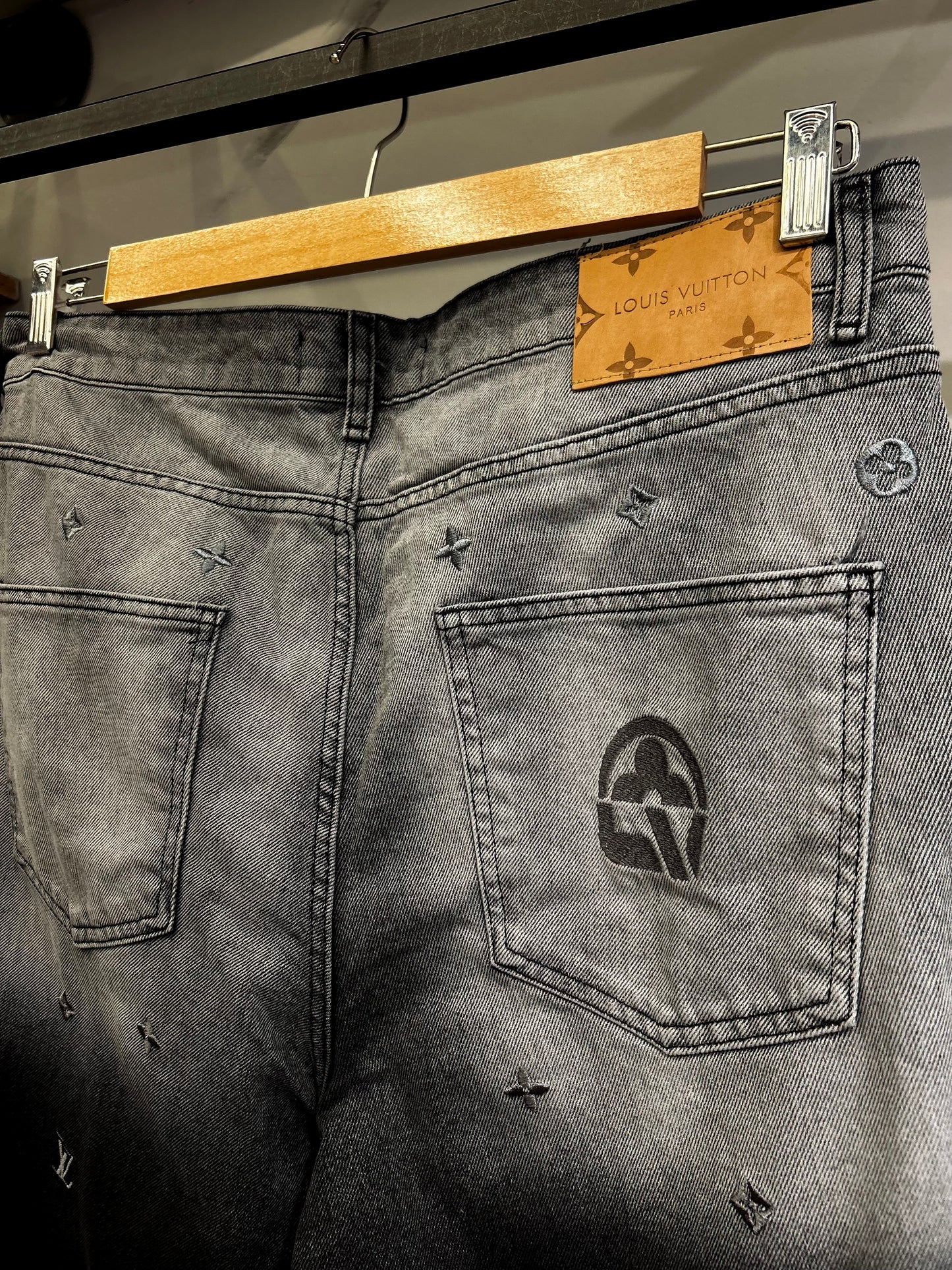 LOUIS VUTTION Monogram Embroidered Washed Wide Leg Jeans