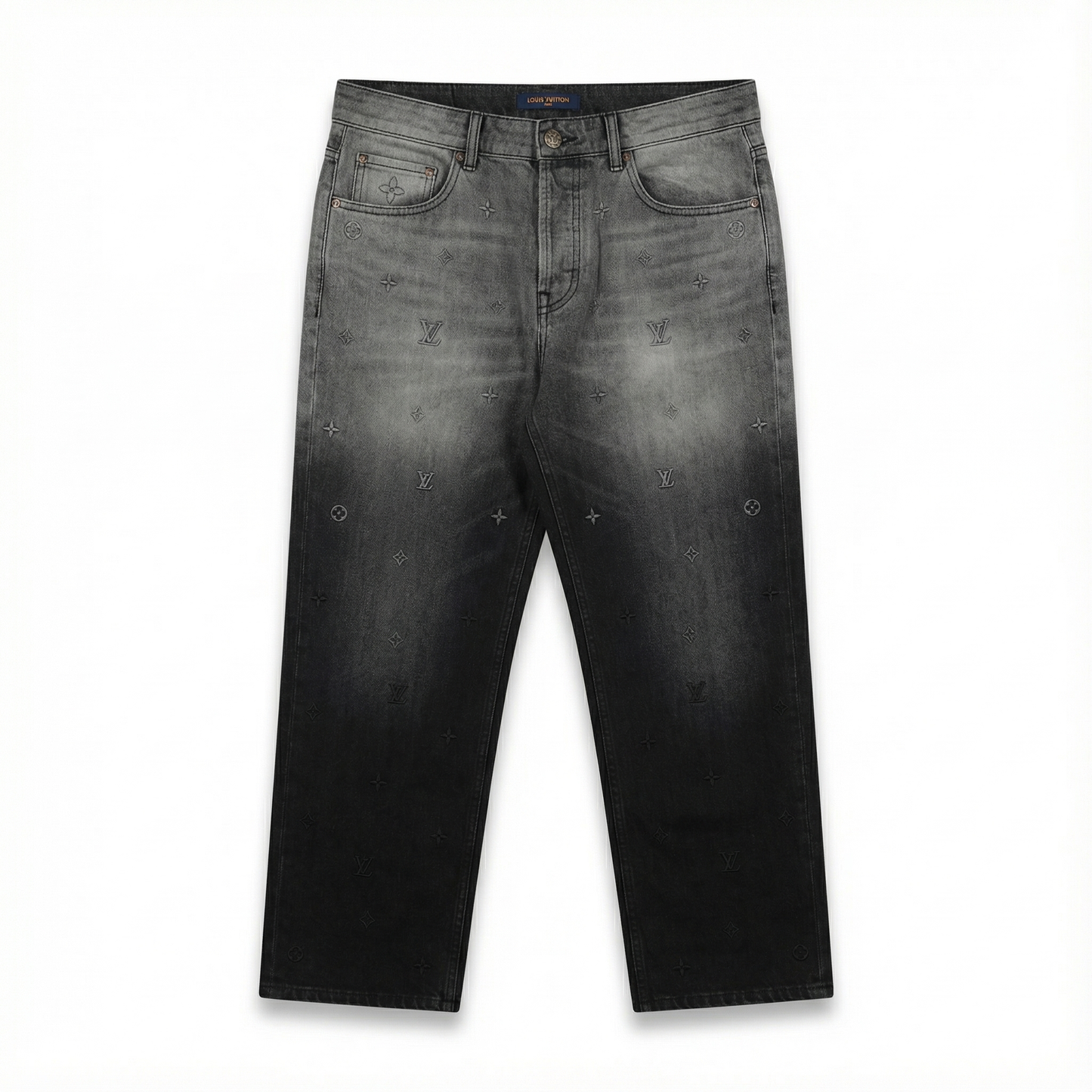 LOUIS VUTTION Monogram Embroidered Washed Wide Leg Jeans