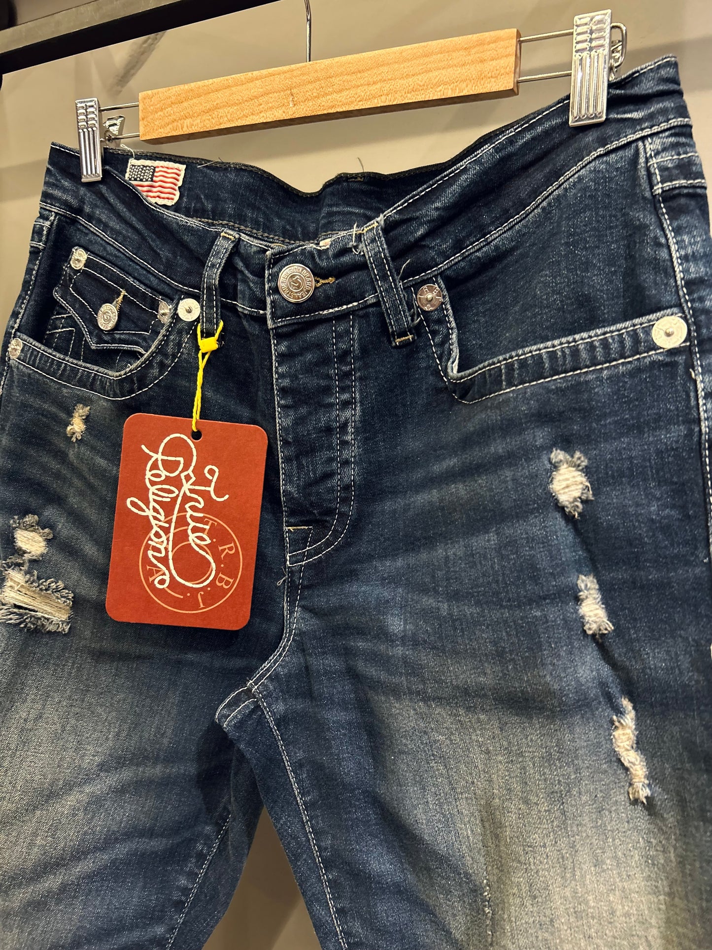 TRUE RELIGION RICKY DISTRESSED FLAP STRAIGHT JEANS