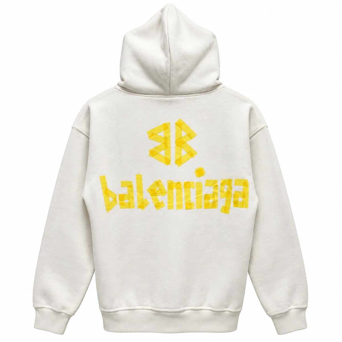 Off-white Balenciaga hoodie with a yellow tape-style double-B emblem and back lettering.