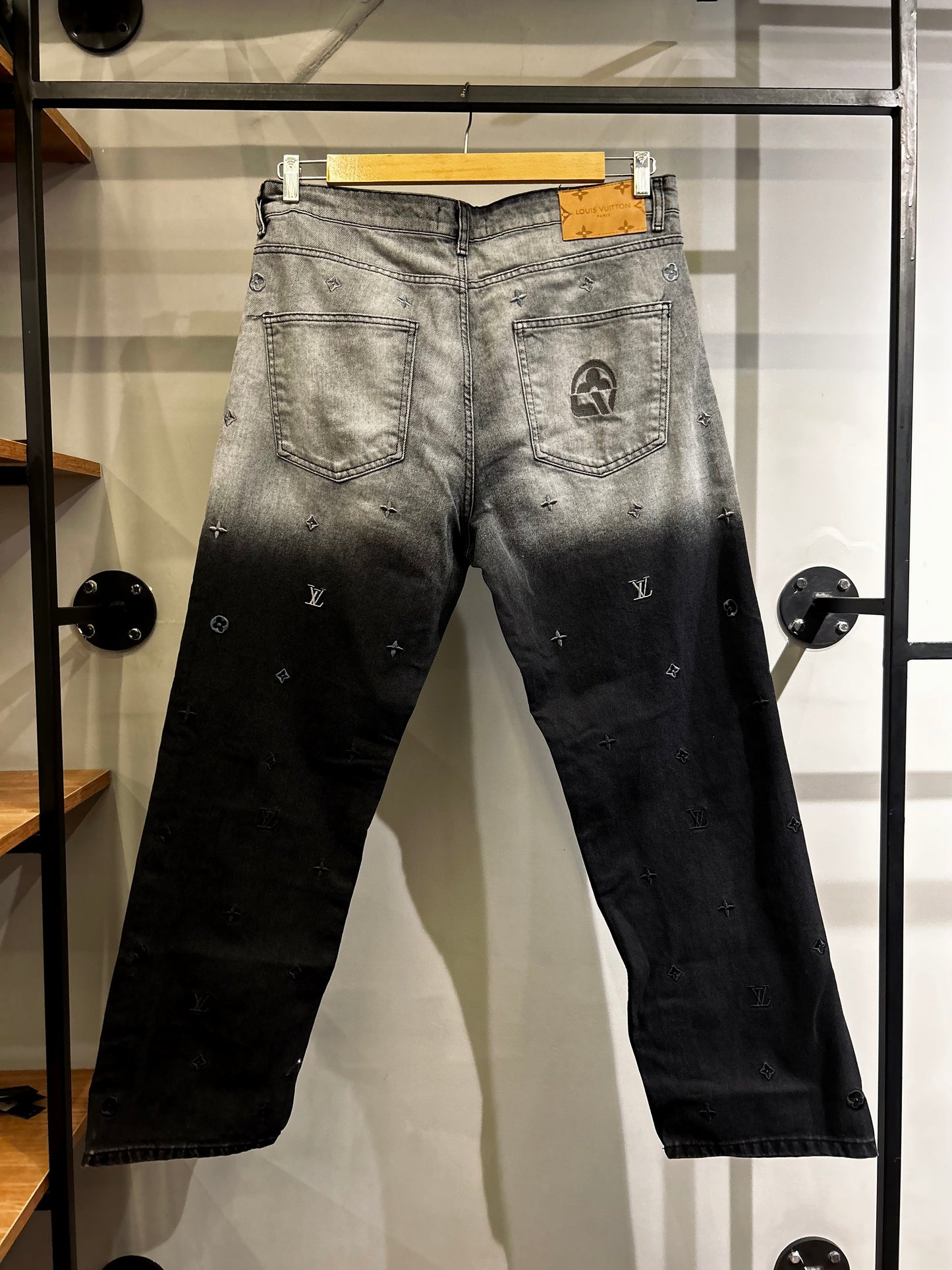 LOUIS VUTTION Monogram Embroidered Washed Wide Leg Jeans