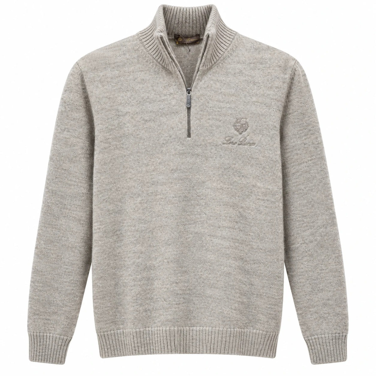 Light grey Loro Piana quarter-zip knit sweater with tonal chest embroidery