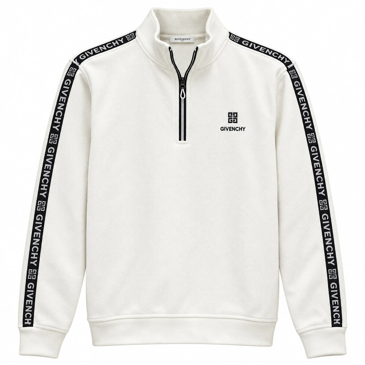 Off-white Givenchy quarter-zip sweatshirt with black logo sleeve tape