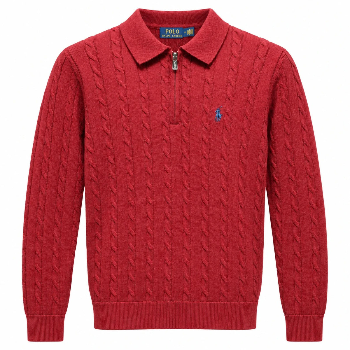 Red Polo Ralph Lauren cable-knit zip polo with blue pony embroidery