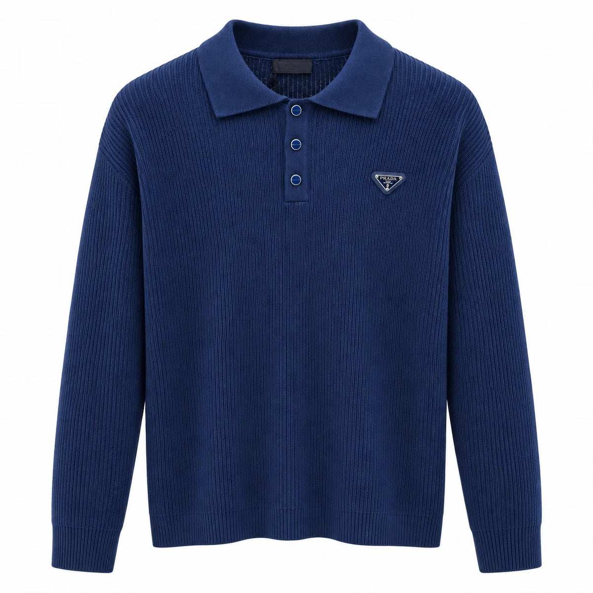 Royal-blue Prada ribbed knit polo with three matching buttons and triangular chest badge