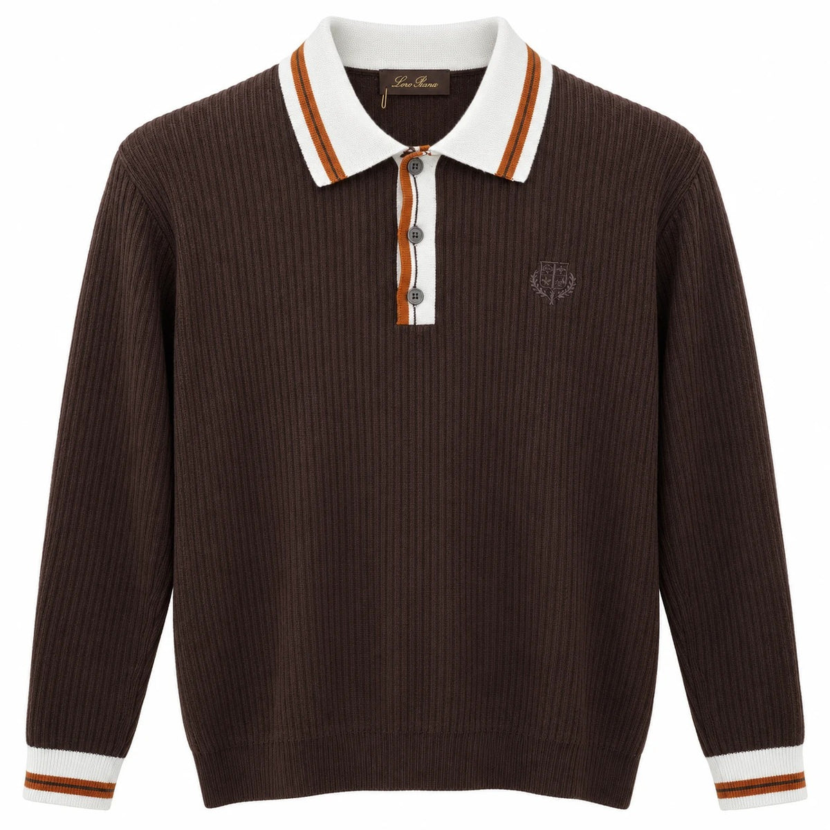 Brown Loro Piana ribbed knit polo with white and orange collar, placket and cuffs