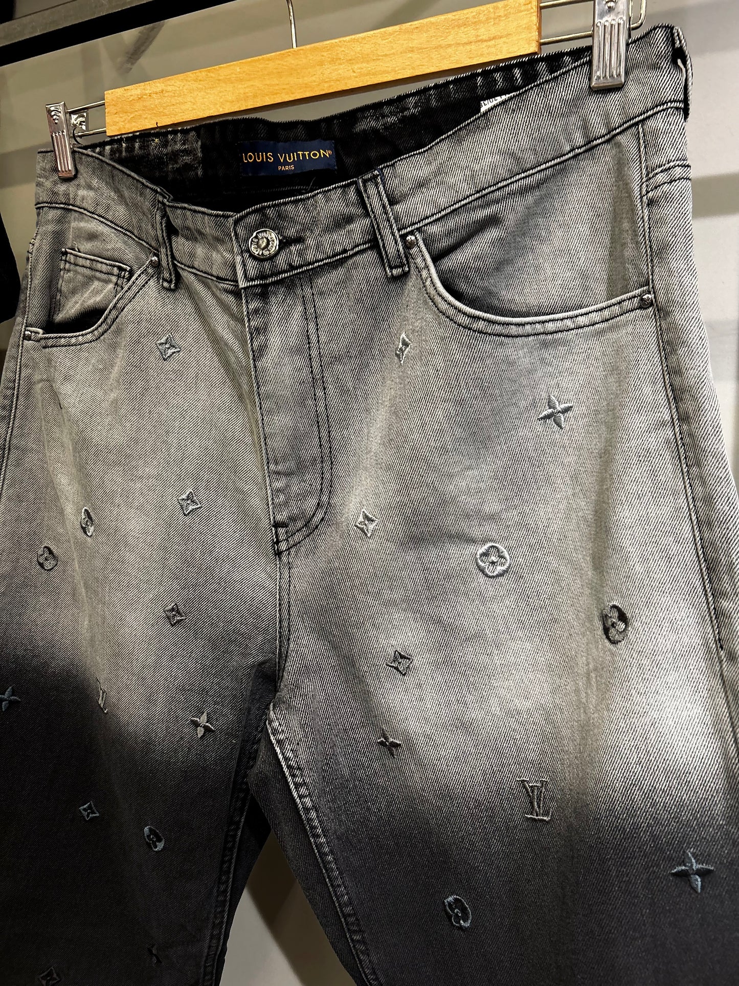 LOUIS VUTTION Monogram Embroidered Washed Wide Leg Jeans