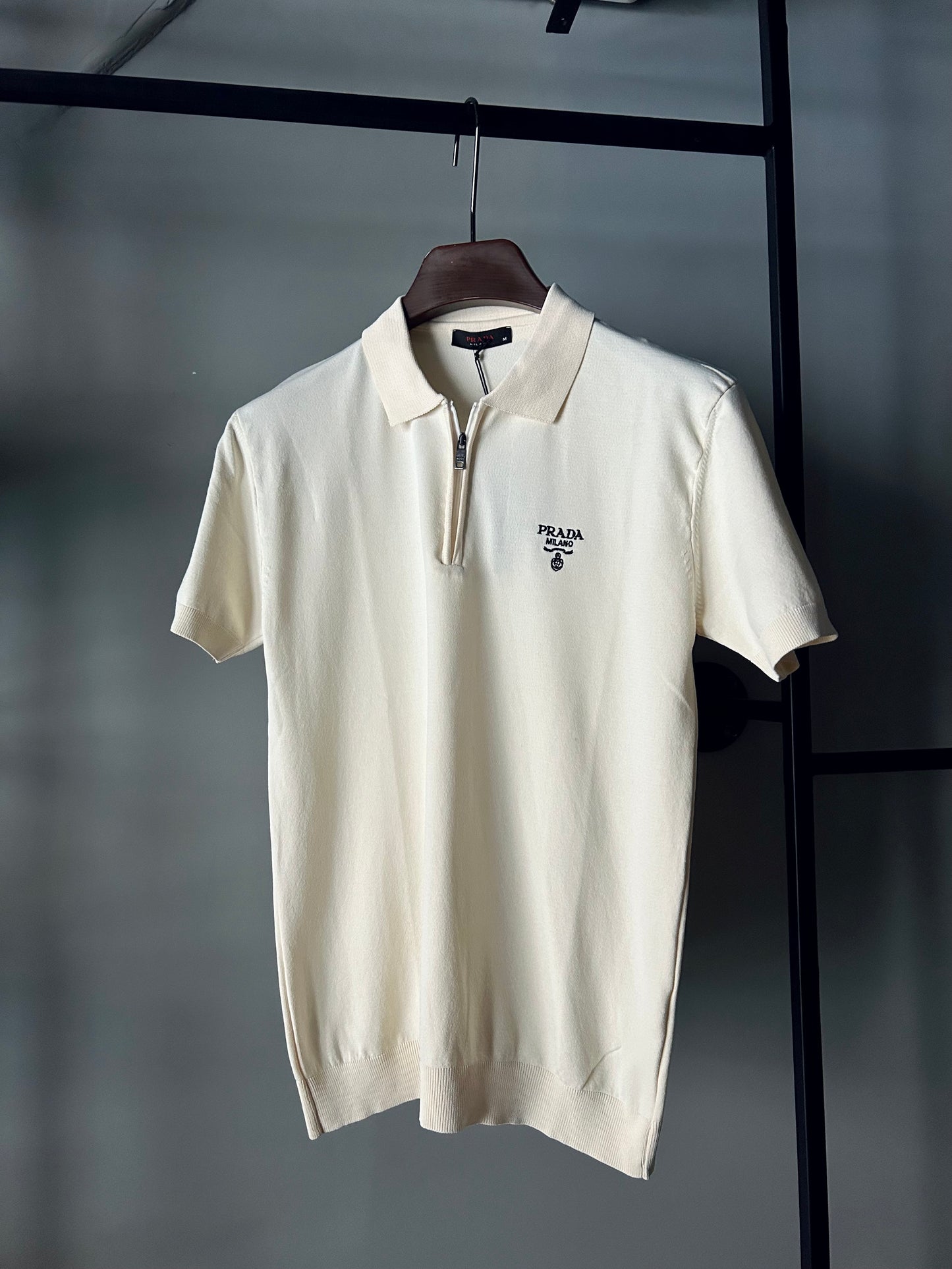 Prada Open-Zip Fleece Polo Shirt crème