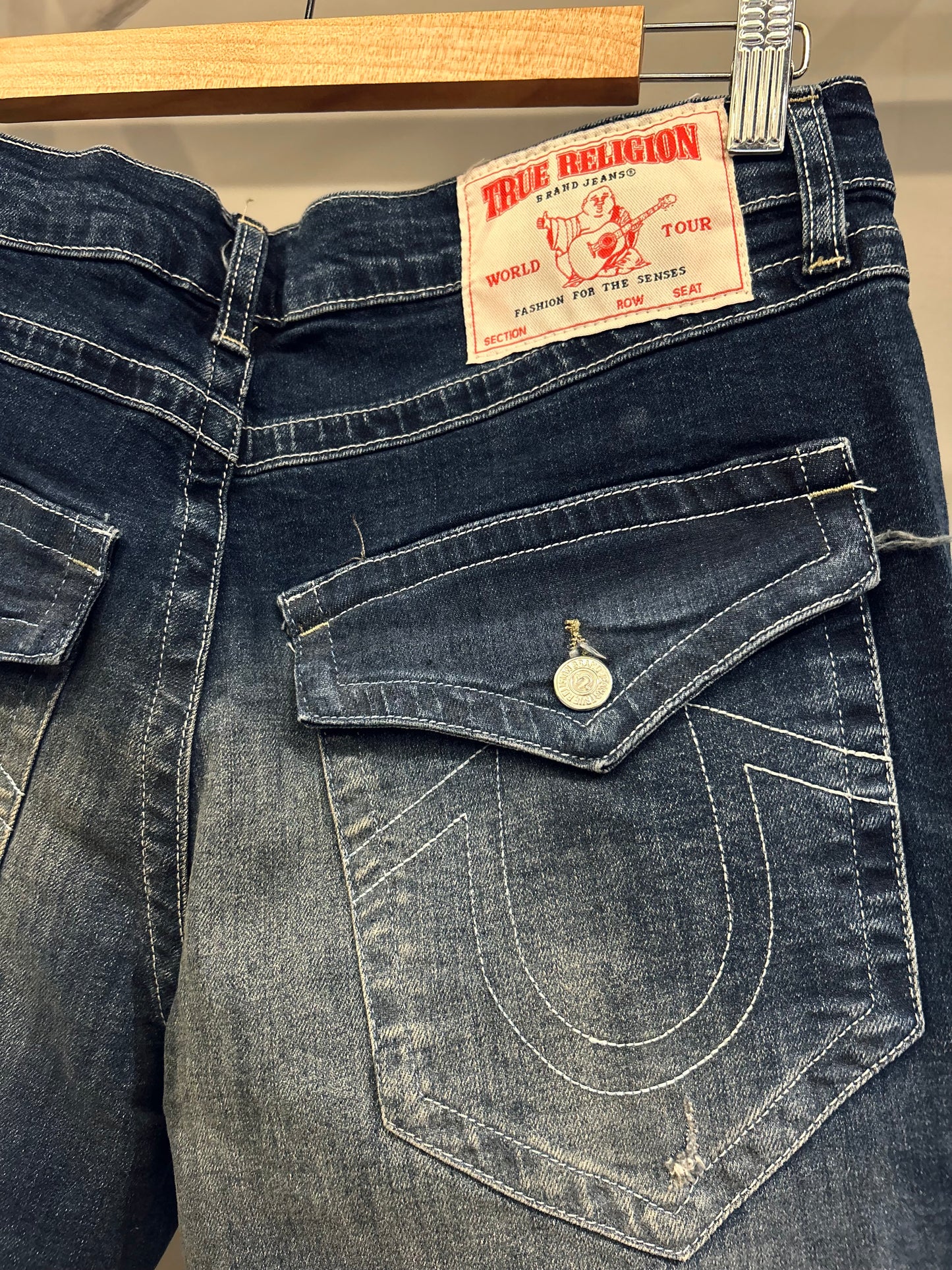 TRUE RELIGION RICKY DISTRESSED FLAP STRAIGHT JEANS
