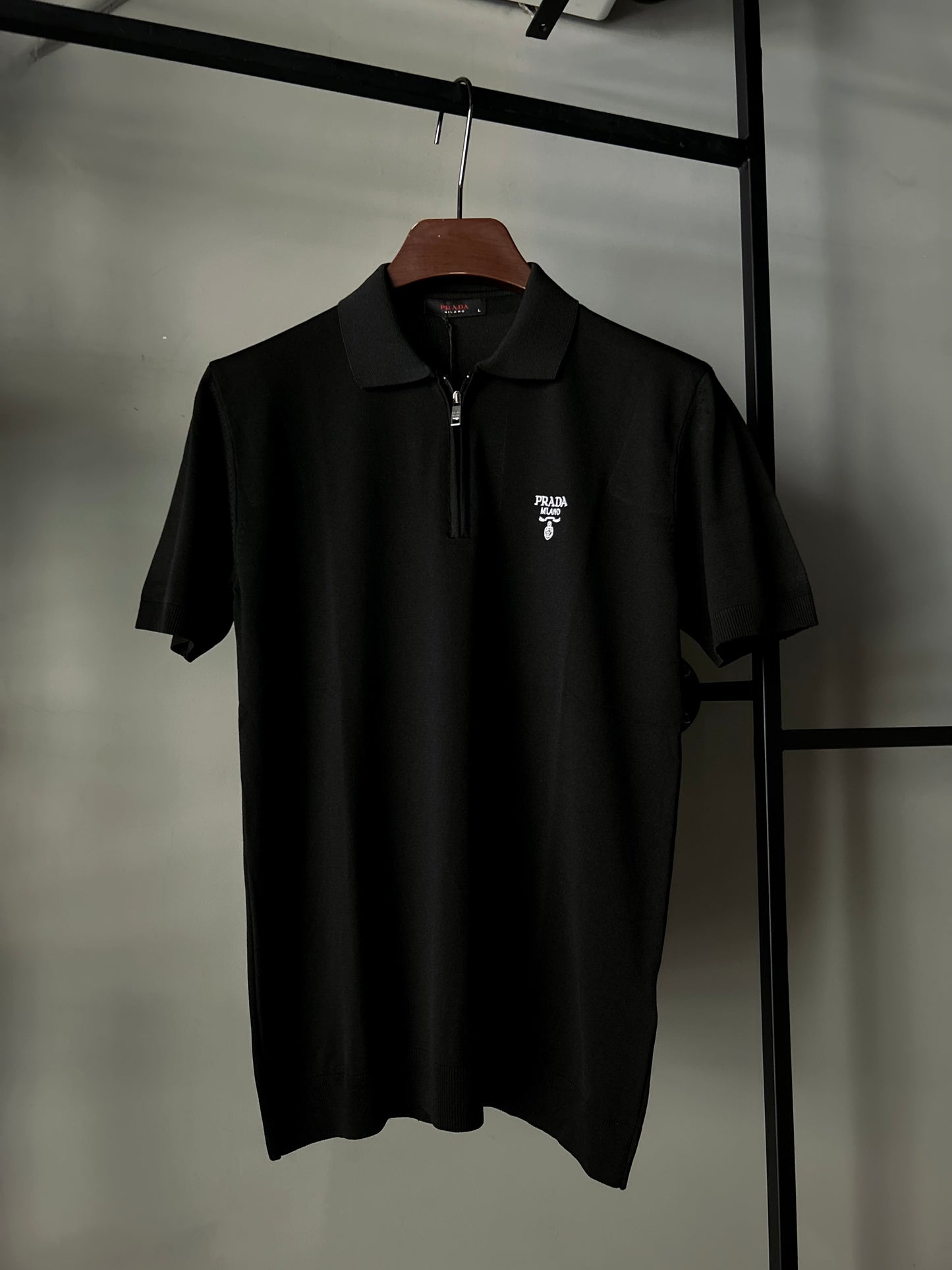 Prada Open-Zip Fleece Polo Shirt Black