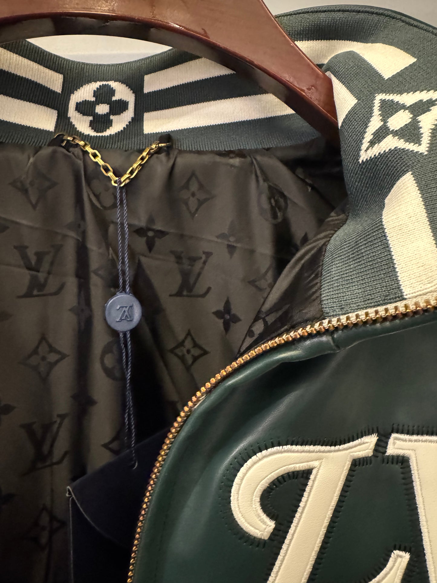 Louis Vuitton LV Patch Leather Bomber Jacket – Green & Cream