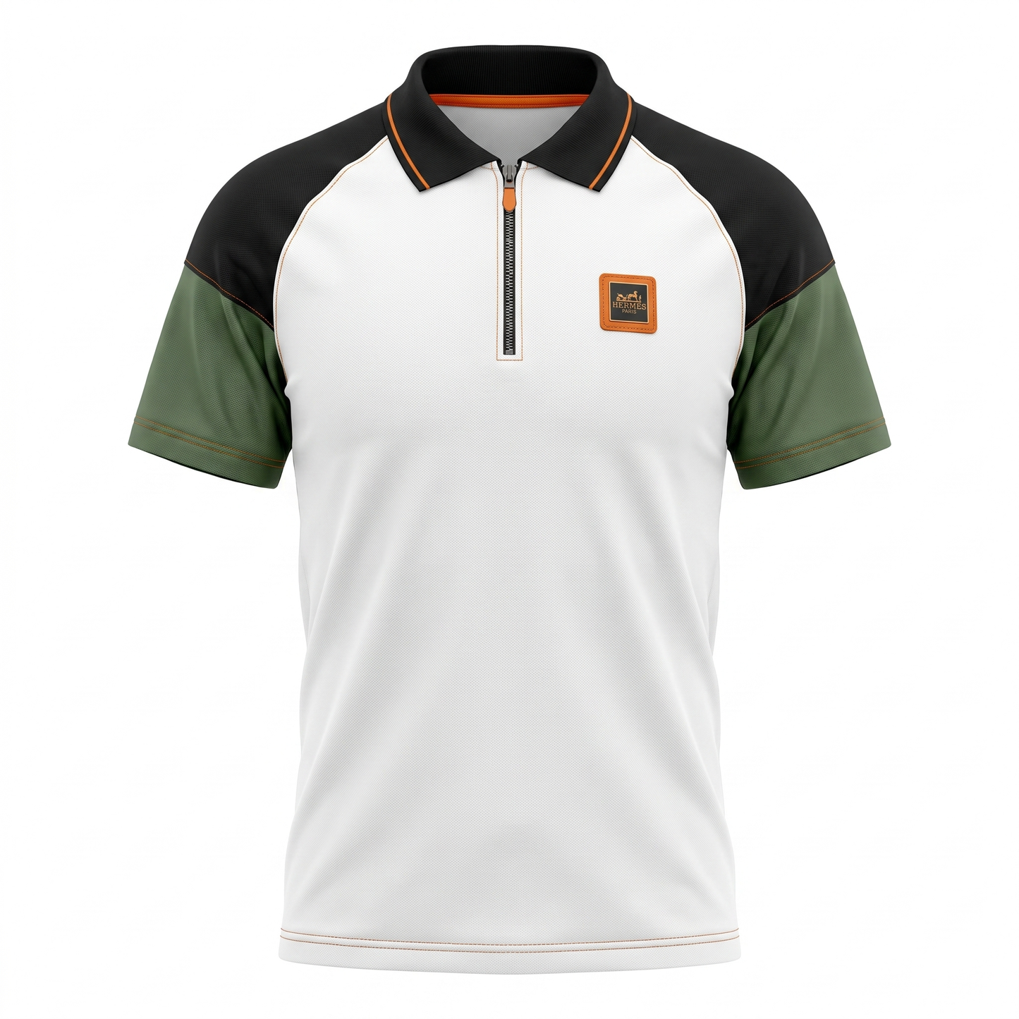 Hermes Contrast Zip Polo T-Shirt – White, Black & Olive Edition