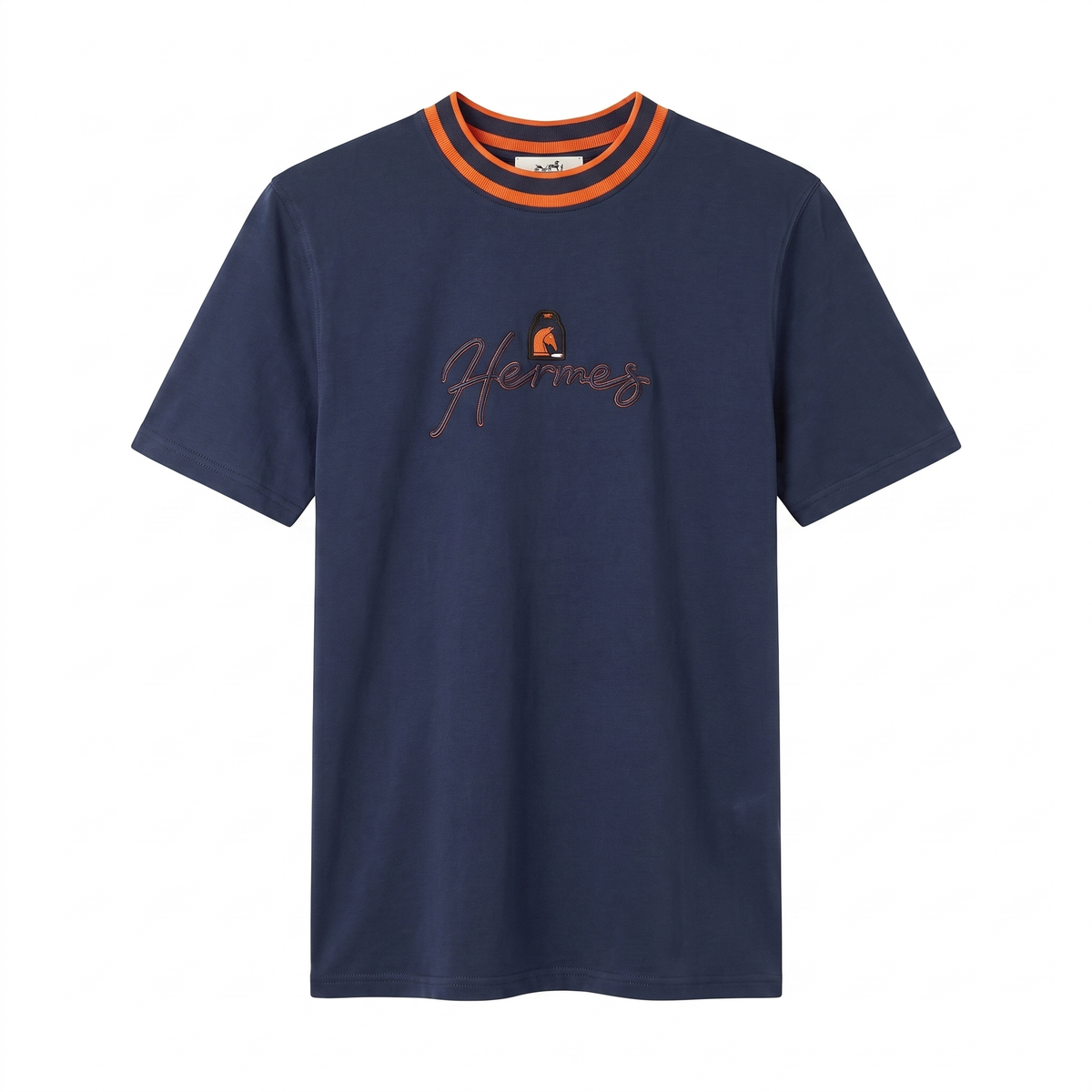 Hermès Navy Blue Cotton T-Shirt with Orange Trim