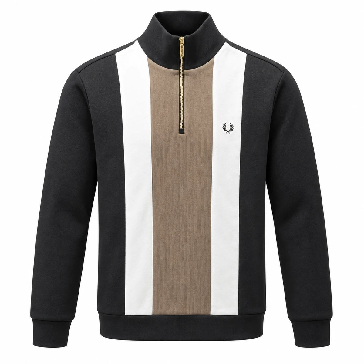 Fred Perry black zip-neck sweatshirt with taupe centre panel, white stripes and laurel wreath logo.