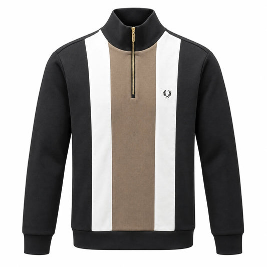 Fred Perry black zip-neck sweatshirt with taupe centre panel, white stripes and laurel wreath logo.