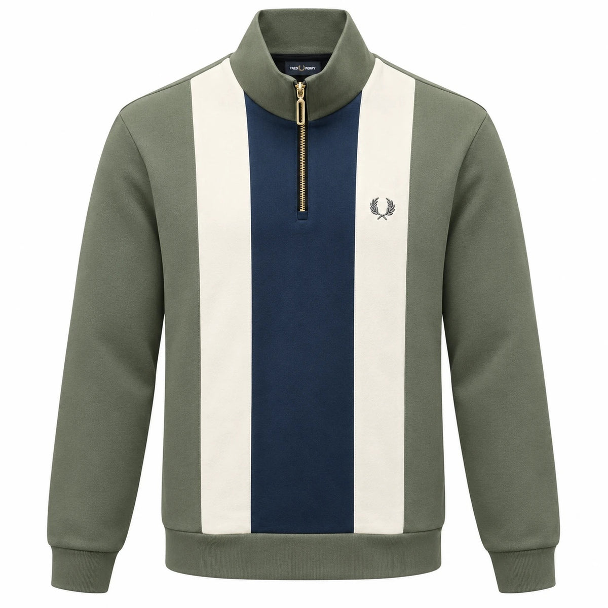 Fred Perry olive zip-neck sweatshirt with navy centre panel, cream stripes and laurel wreath logo.