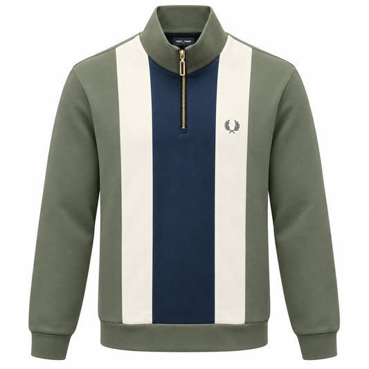 Fred Perry olive zip-neck sweatshirt with navy centre panel, cream stripes and laurel wreath logo.