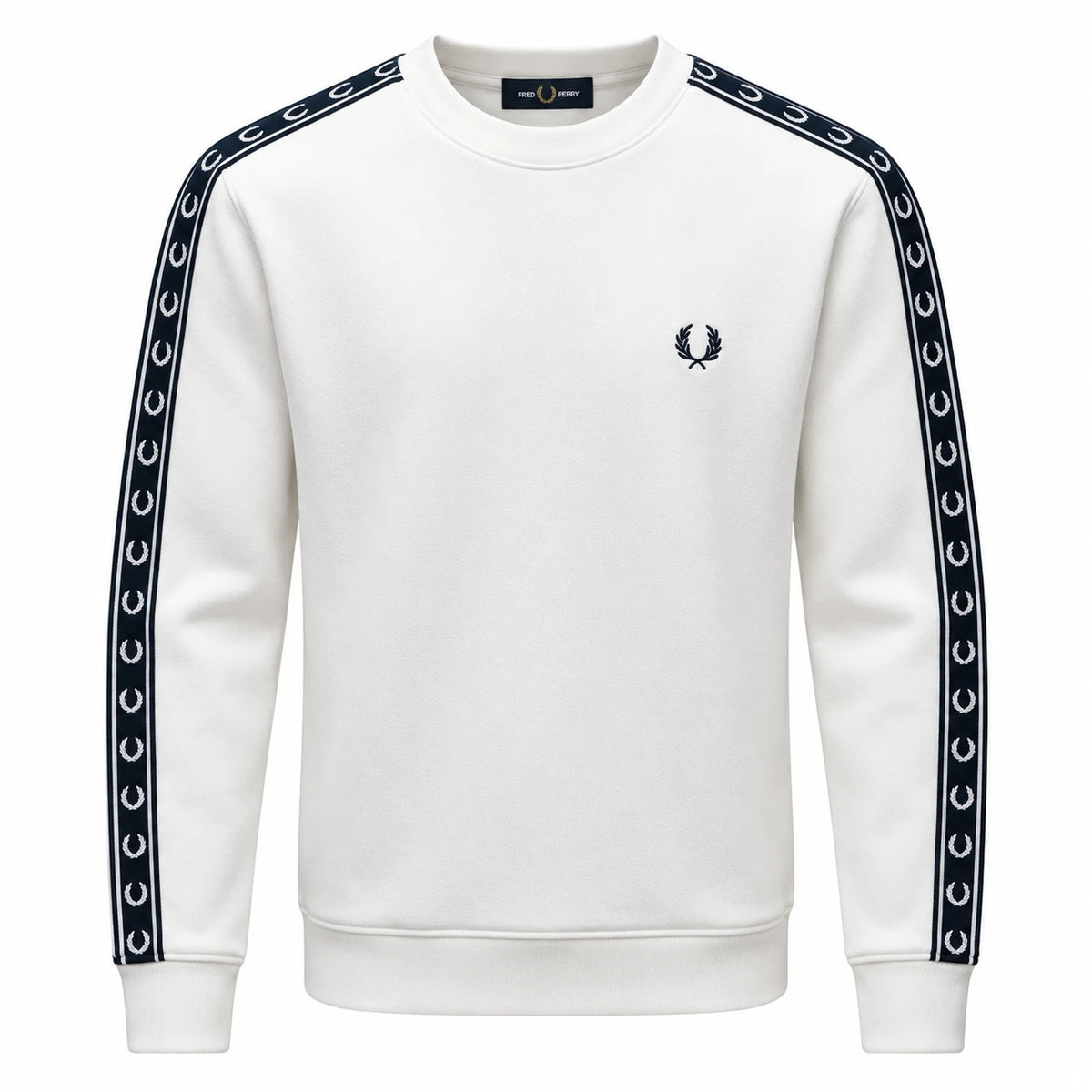 Fred Perry off-white crewneck sweatshirt with dark laurel wreath sleeve tape and chest emblem.