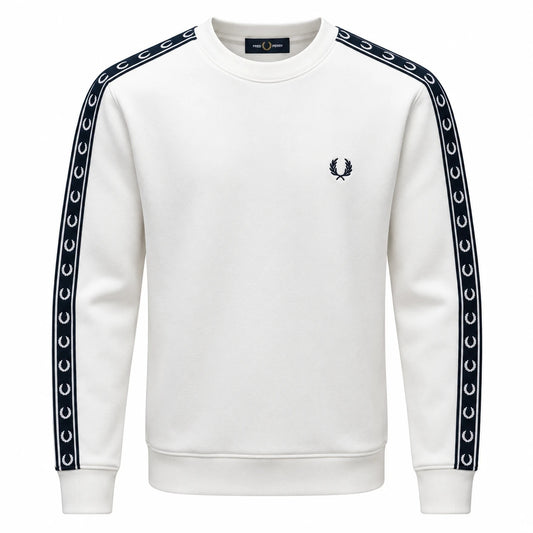 Fred Perry off-white crewneck sweatshirt with dark laurel wreath sleeve tape and chest emblem.