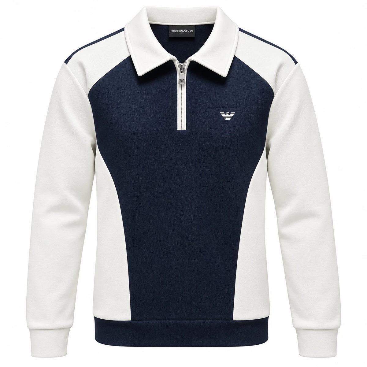 Emporio Armani navy and off-white zip-neck sweatshirt with an eagle chest logo.