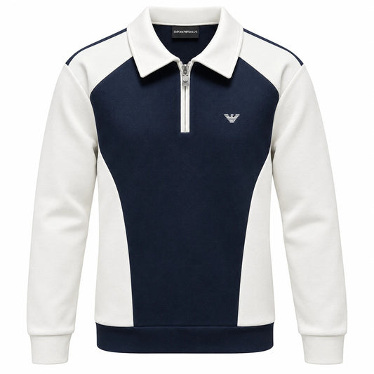 Emporio Armani navy and off-white zip-neck sweatshirt with an eagle chest logo.