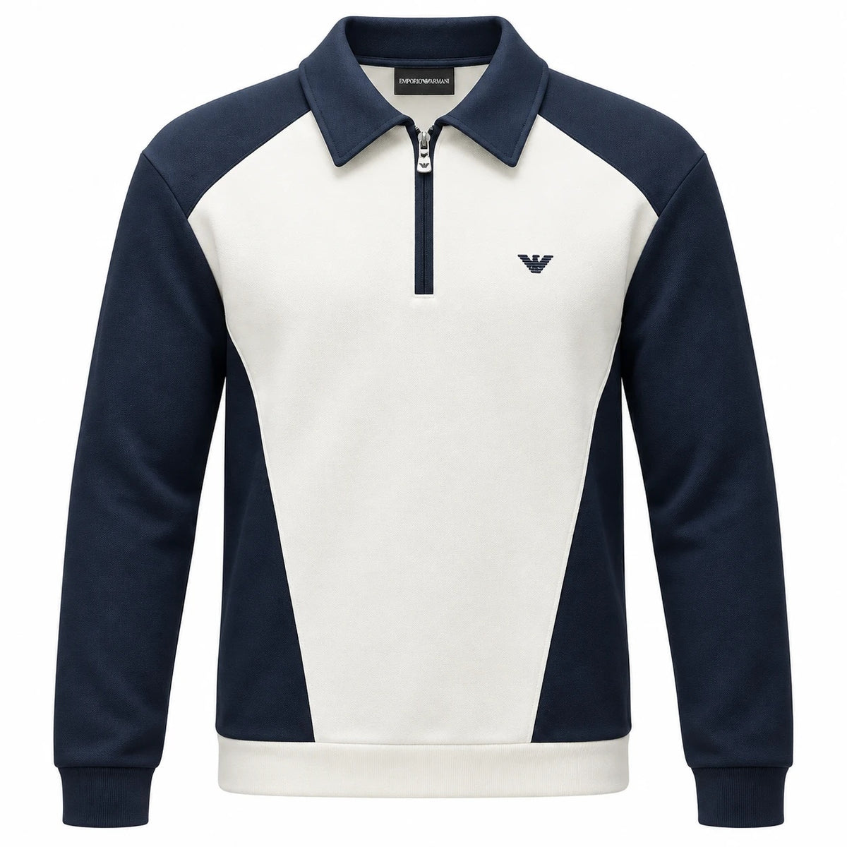 Emporio Armani off-white zip-neck sweatshirt with navy collar, sleeves and eagle logo.