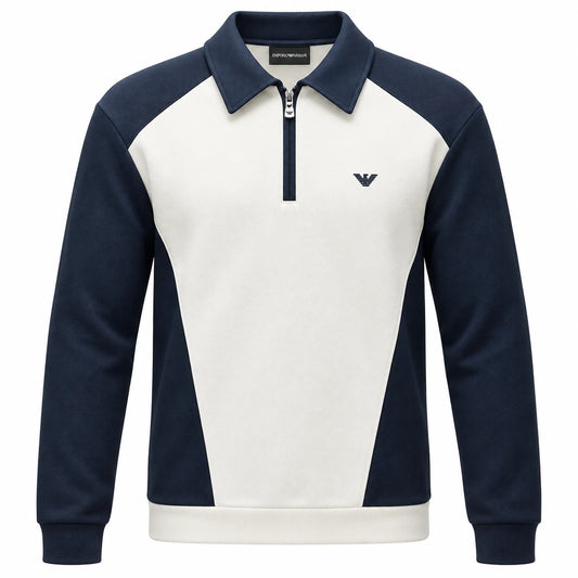 Emporio Armani off-white zip-neck sweatshirt with navy collar, sleeves and eagle logo.