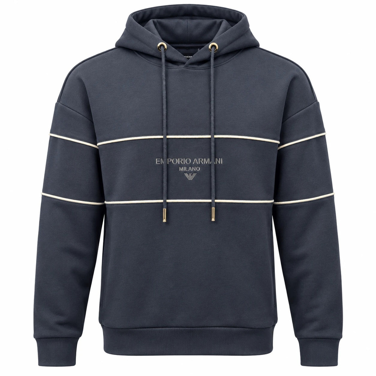 Emporio Armani navy Milano hoodie with light contrast piping, chest branding and matching drawcords.
