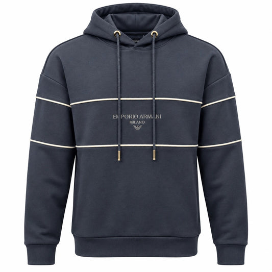 Emporio Armani navy Milano hoodie with light contrast piping, chest branding and matching drawcords.