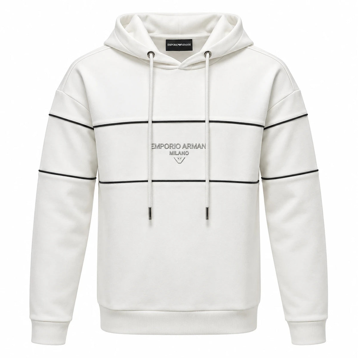Emporio Armani white Milano hoodie with dark piping, central chest branding and matching drawcords.
