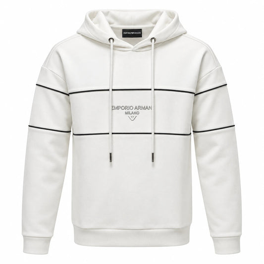 Emporio Armani white Milano hoodie with dark piping, central chest branding and matching drawcords.