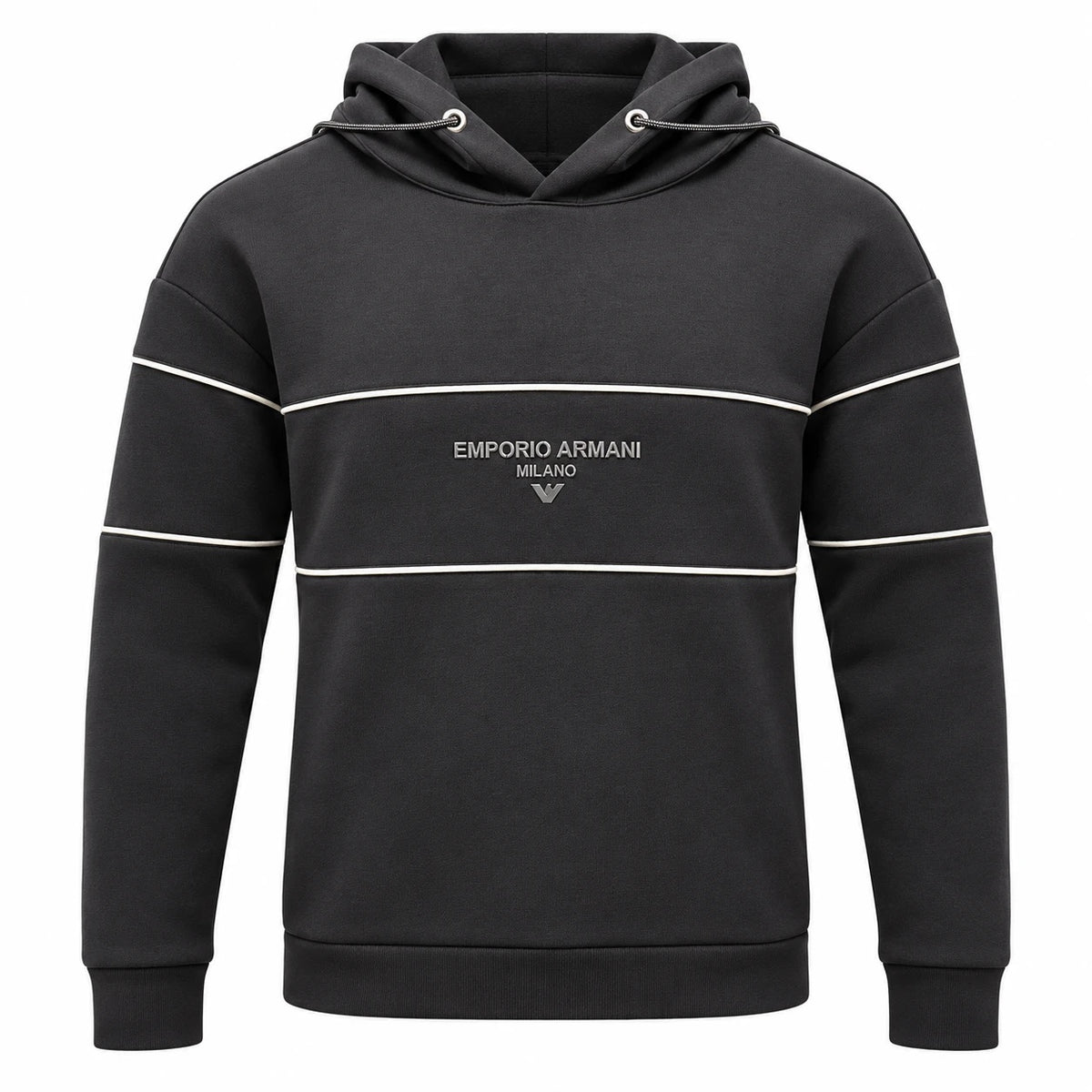Emporio Armani charcoal Milano hoodie with light piping and central chest branding.