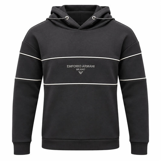 Emporio Armani charcoal Milano hoodie with light piping and central chest branding.
