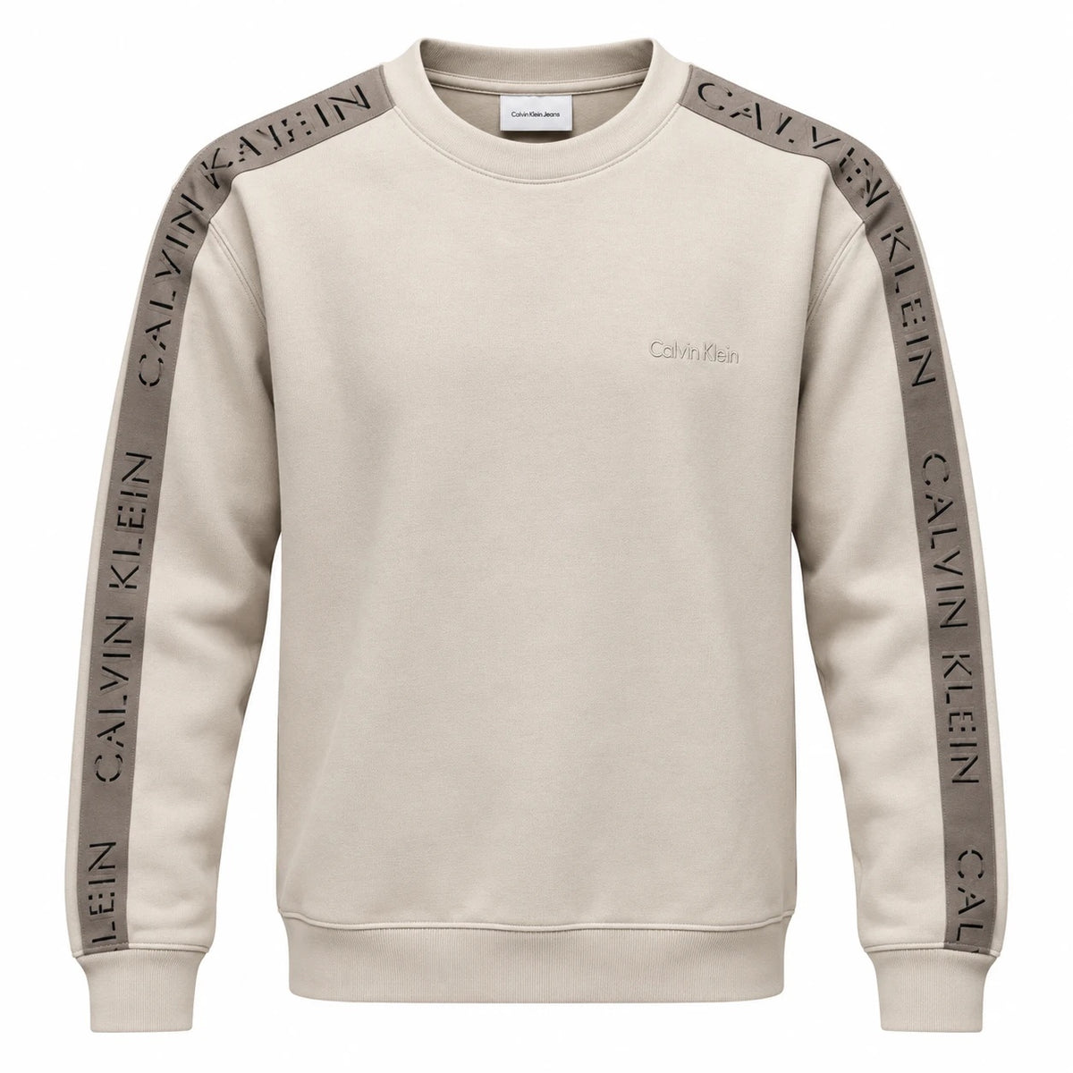 Beige Calvin Klein Jeans crewneck sweatshirt with taupe logo sleeve tapes and tonal chest lettering.