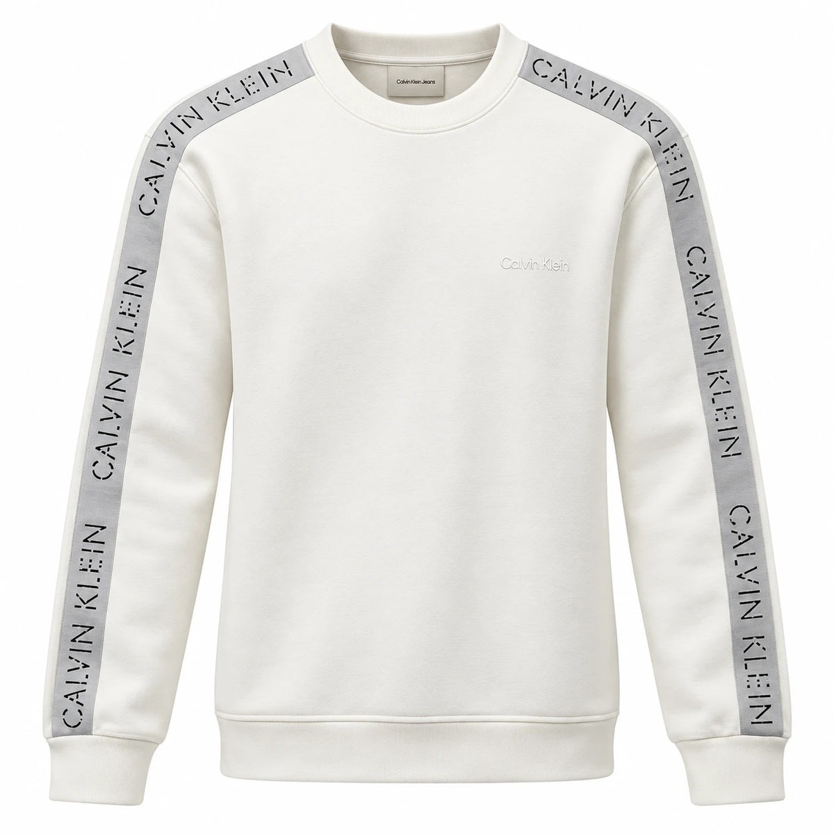 Off-white Calvin Klein Jeans sweatshirt with pale grey logo sleeve tapes and tonal chest lettering.