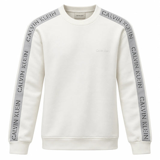 Off-white Calvin Klein Jeans sweatshirt with pale grey logo sleeve tapes and tonal chest lettering.