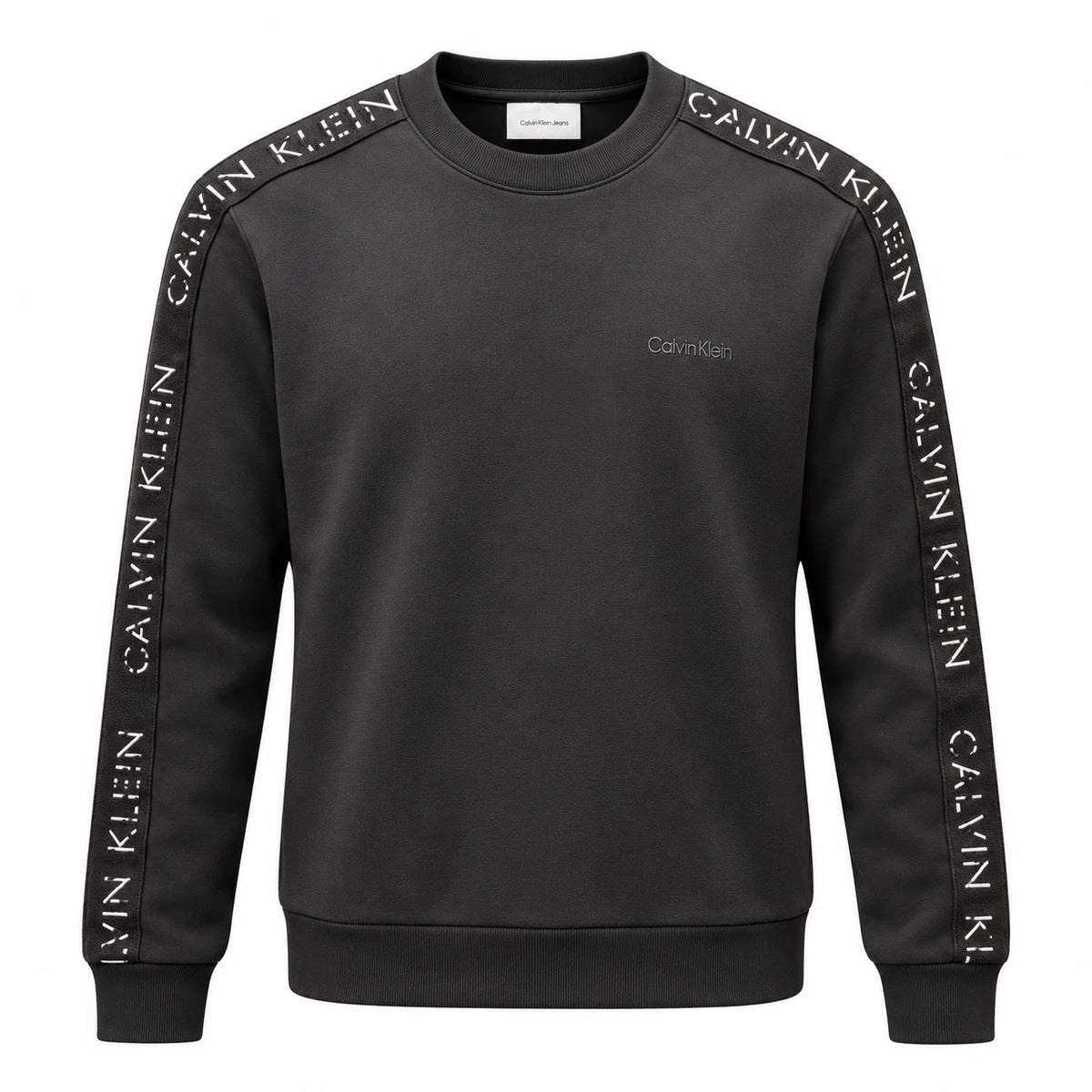 Black Calvin Klein Jeans crewneck sweatshirt with white lettering on dark sleeve tapes and a tonal chest logo.