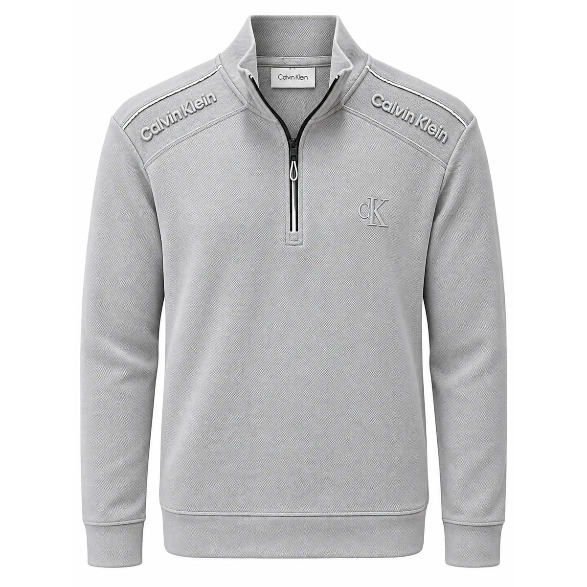 Light grey Calvin Klein quarter-zip with shoulder lettering and chest monogram