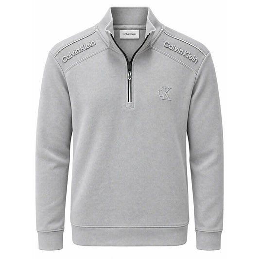 Light grey Calvin Klein quarter-zip with shoulder lettering and chest monogram