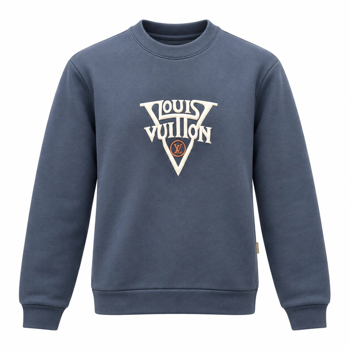 Slate navy Louis Vuitton sweatshirt with raised ivory lettering, a large V motif and an orange circular LV detail.