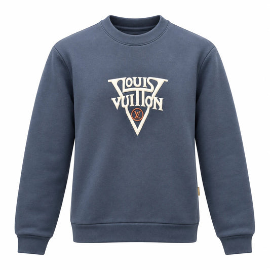 Slate navy Louis Vuitton sweatshirt with raised ivory lettering, a large V motif and an orange circular LV detail.