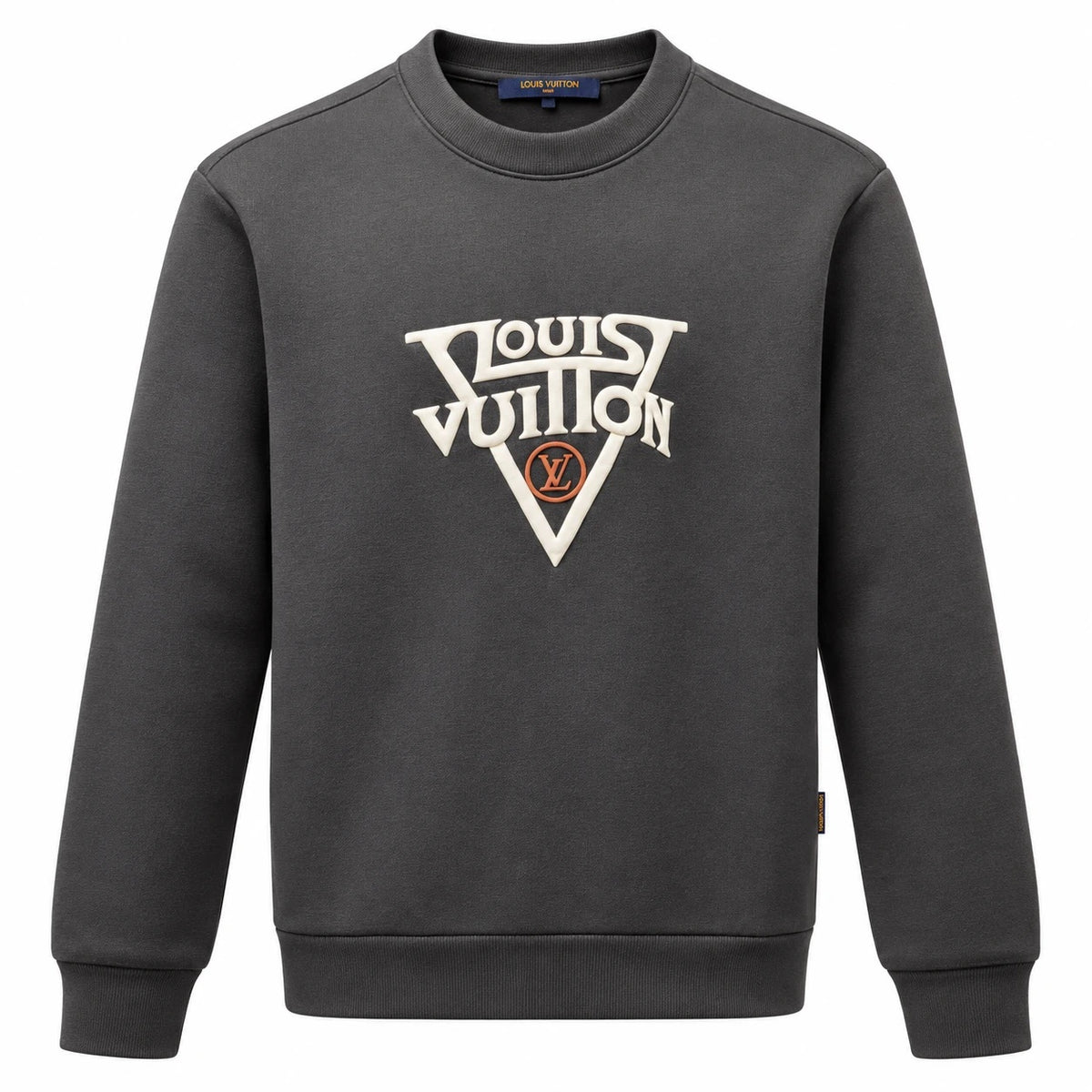 Charcoal Louis Vuitton sweatshirt with raised ivory lettering, a large V motif and an orange circular LV detail.
