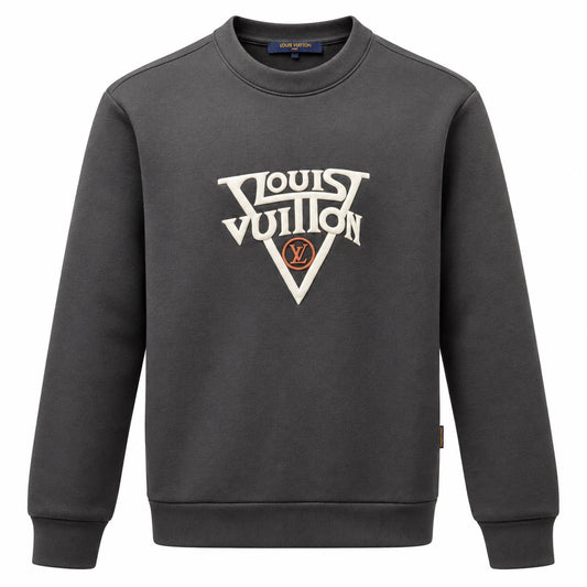 Charcoal Louis Vuitton sweatshirt with raised ivory lettering, a large V motif and an orange circular LV detail.