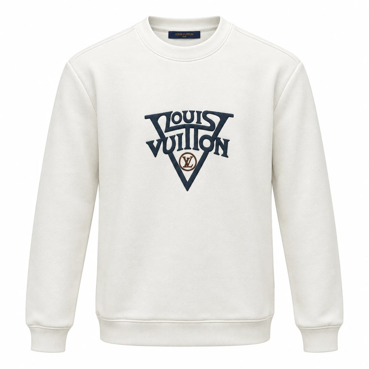 Off-white Louis Vuitton sweatshirt with raised navy lettering, a large V motif and a brown circular LV detail.