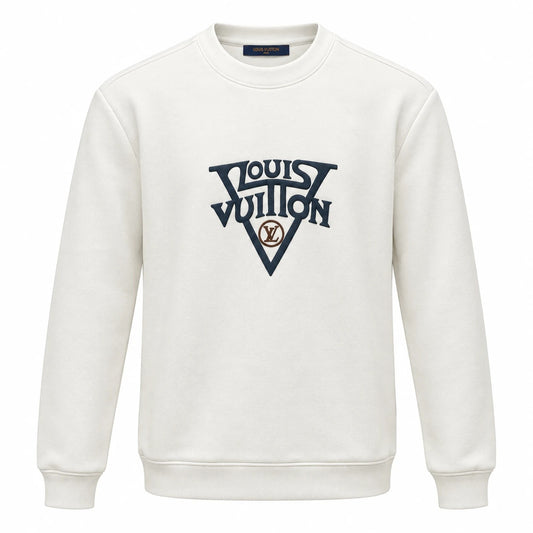 Off-white Louis Vuitton sweatshirt with raised navy lettering, a large V motif and a brown circular LV detail.