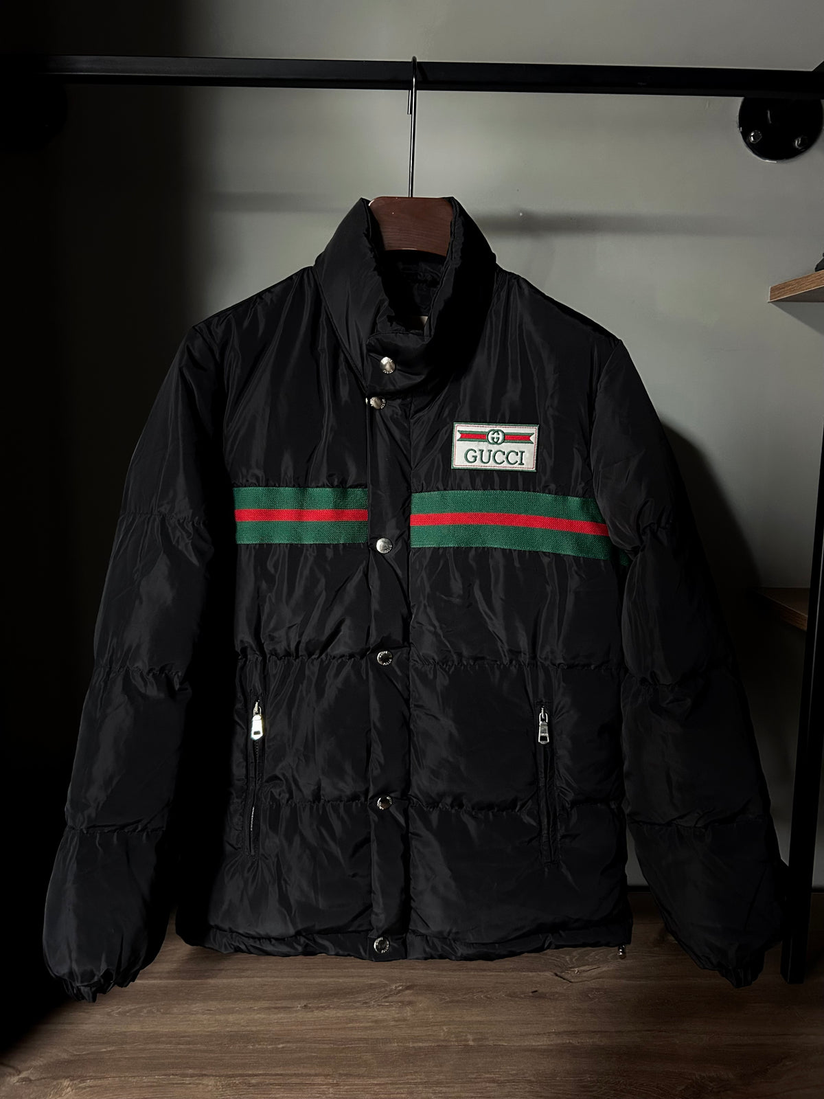 Gucci - Web stripe satin down jacket Black