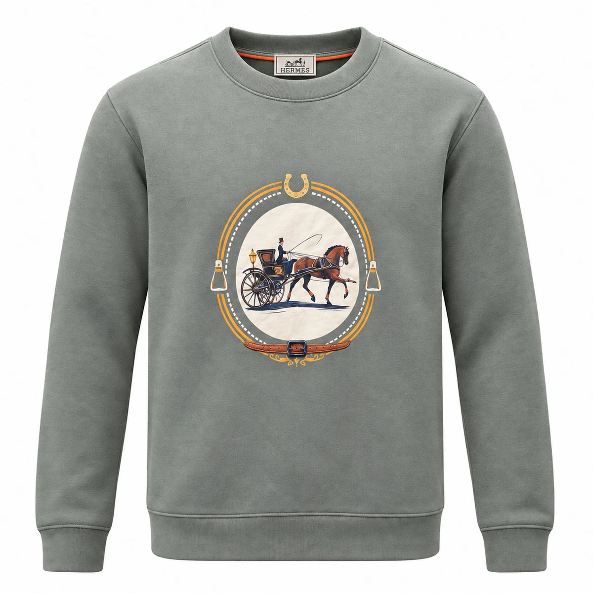 Sage green Hermès sweatshirt with an oval horse-and-carriage graphic and equestrian border.
