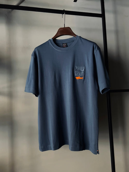 PAUL&SHARK AQUA TOUCH COTTON T-SHIRT WITH SHARK EMBROIDERY BLUE